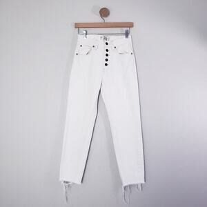 NEW Free People White Blossom Rigid High Waisted Frayed Hem Ankle Jean